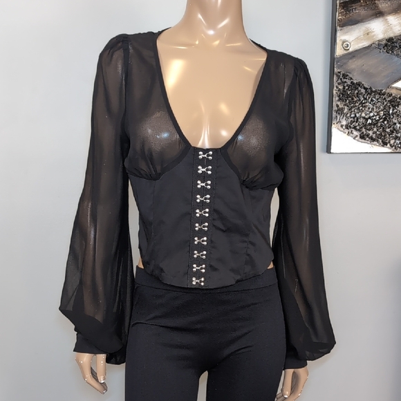 Dolls Kill Widow Pleasing Terrors Chiffon Corset Blouse Womens Size XL Black - Picture 2 of 15